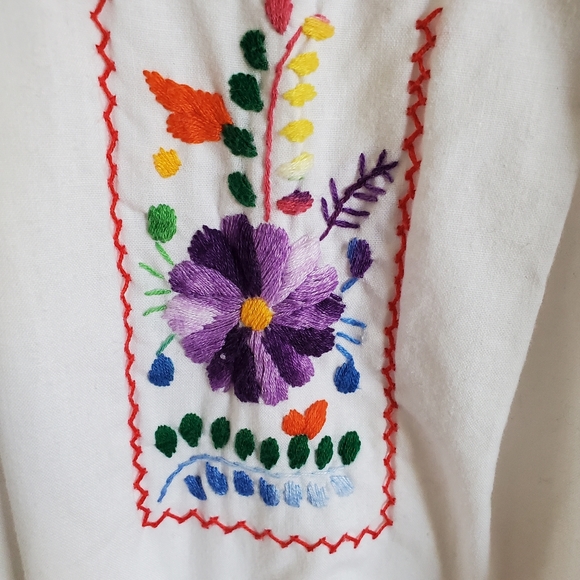 Vintage Mexican Colorful Rainbow Flower Embroider White Cotton Maxi House Dress - Picture 13 of 16